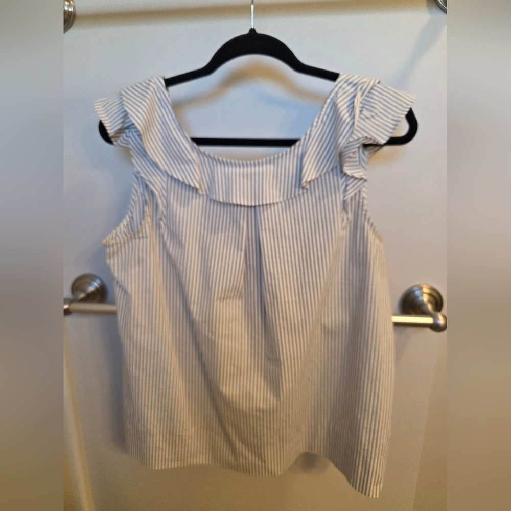 J. Crew Gray and White Ruffled Sleeveless Blouse